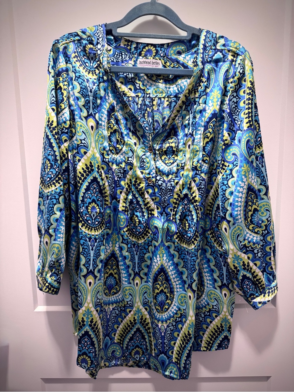 Buckhead Betties Tunic Size L Blue Yellow and Green Paisley Print